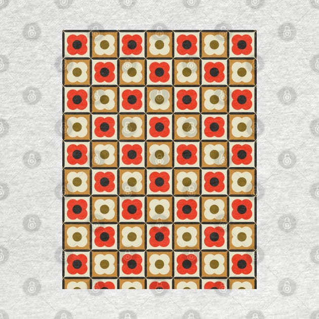 Retro Floral Checker Pattern Red, Burnt Orange, Cream by tramasdesign